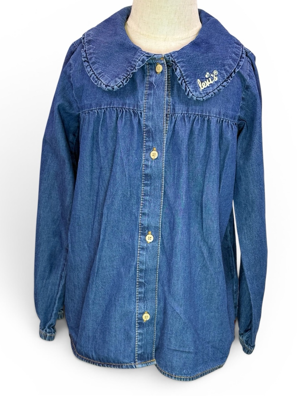 Levi’s Girl’s Blue Denim Ruffled Collar Kids Button Up Long Sleeve Top Size 6-7